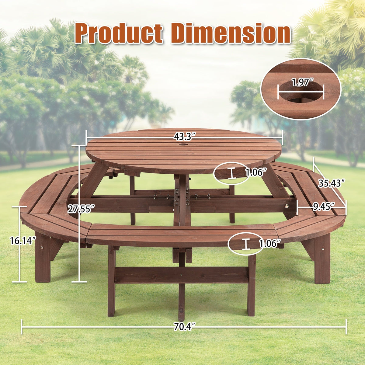 10-12-person Round Outdoor Wooden Picnic Table for Patio, Backyard, Garden, DIY with 1 Built-in Ring Stool, 500-lb Weight Capacity - Walnut Brown