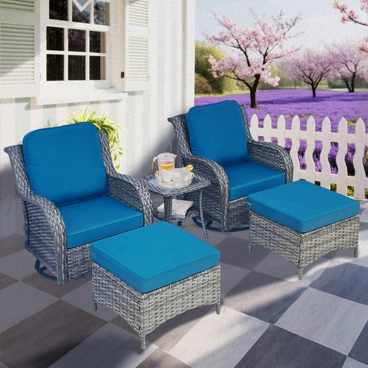 Wicker Patio Furniture Set - 5 Piece Rattan Outdoor Sectional Conversation Sets with 2 Swivel Rocking Chairs,2 Ottomans and 1 Side Table for Porch Deck Garden