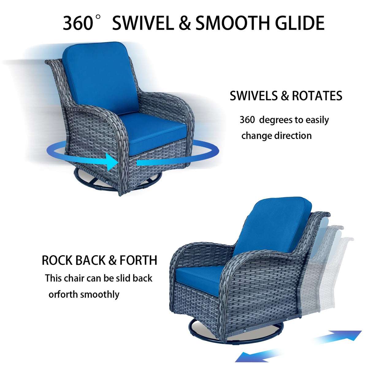 Wicker Patio Furniture Set - 5 Piece Rattan Outdoor Sectional Conversation Sets with 2 Swivel Rocking Chairs,2 Ottomans and 1 Side Table for Porch Deck Garden