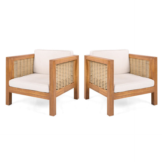 Outdoor Club Chair Set of 2, Acacia Wood Frame with Wicker Armrest and Beige Cushions,400 lbs Capacity