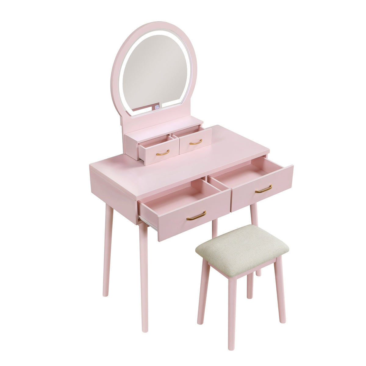 Beautiful Pink Finish Vanity Dresser with Mirror and Stool Set Storage Drawers Bedroom Furniture 1pc