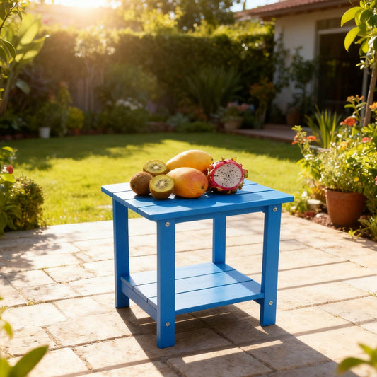 A wooden-textured imitation wood side table, simple yet with a rich texture. It comes with a small tabletop and is perfect for outdoor picnics. Dark blue