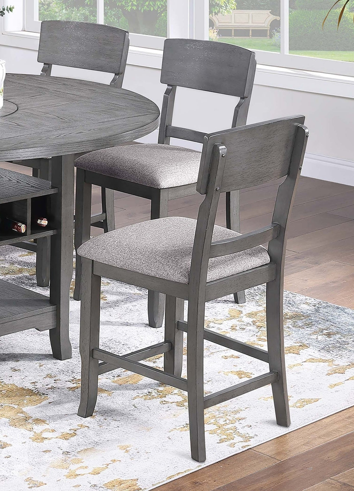 Contemporary 7pc Counter Height Dining Set Gray Table w Lazy Susan Built-in Leaf 6x High Chairs Kitchen Dining Room Storage Space Furniture