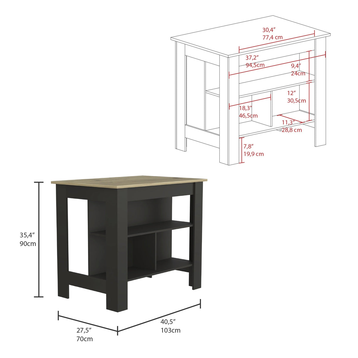 Cala Kitchen Island, Four Legs, Three Shelves  -Black / Light Oak