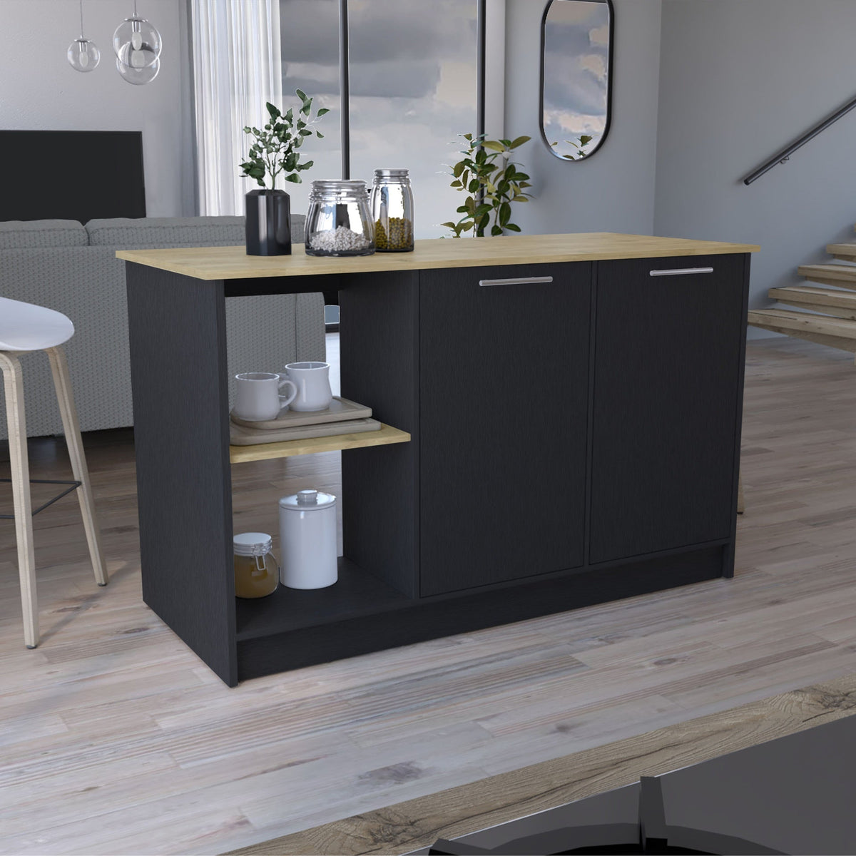 Juniper Kitchen Island with Large Top Surface, Double Door Cabinet, and Open Shelves Black / Macadamia