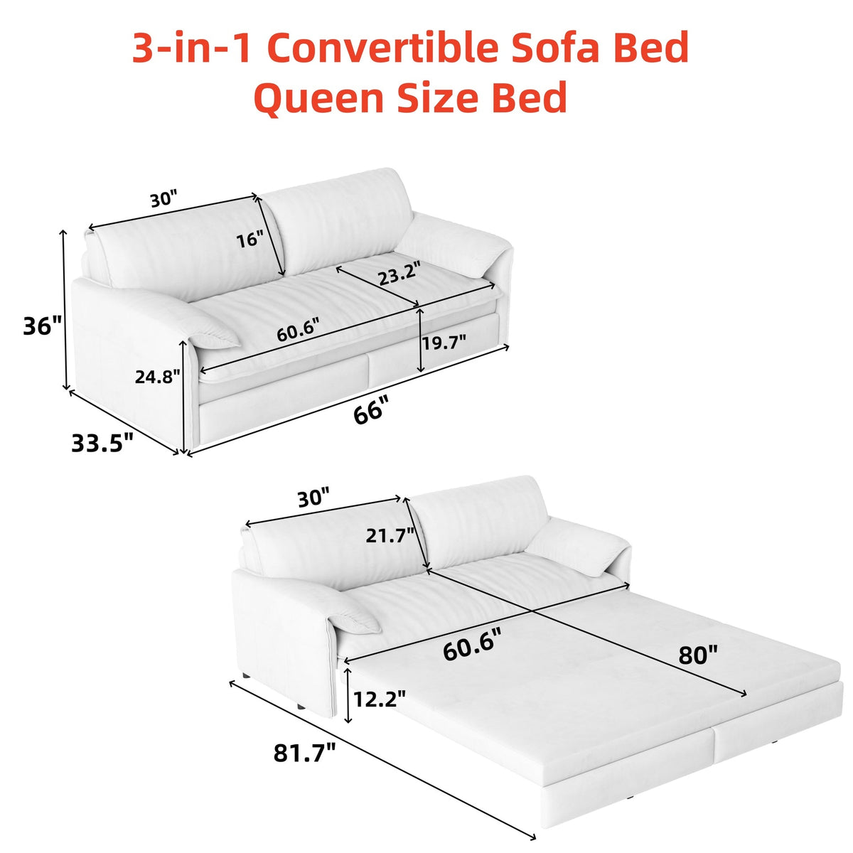 66" Queen Pull Out Sofa Bed, 3-in-1 Convertible Sleeper Sofa with Side Storage,Multi-Functional Velvet Loveseat Bed for Living Room,Grey(Old Sku:W1885S00045 /W1885S00223 )