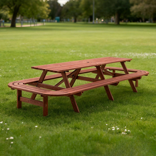 Brown Picnic Table with Benches for 14-16 Persons, Nearly 8-Foot Long Outdoor Wooden Rectangle Table for Patio, Garden, Backyard, Large Outside Dining Set with Umbrella Hole