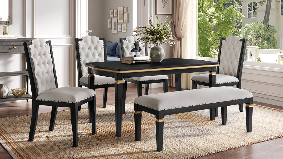 6-Piece Kitchen Dining Table Set, 60" Rectangular Table and 4 High-Back Tufted Chairs & 1 Bench for Dining Room and Kitchen (Black) (OLD SKU: N752S000080)
