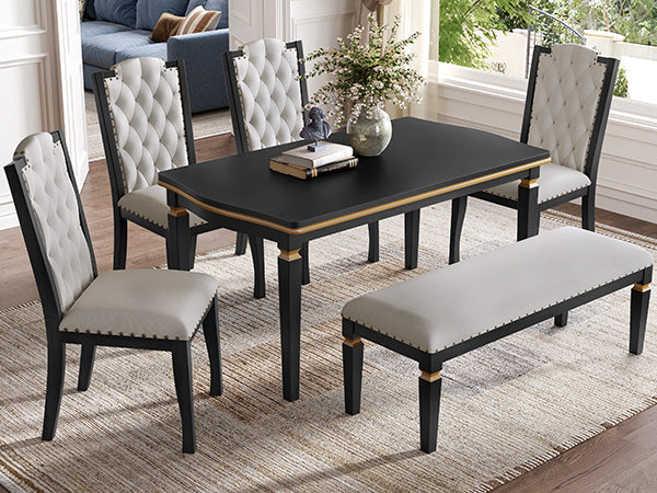 6-Piece Kitchen Dining Table Set, 60" Rectangular Table and 4 High-Back Tufted Chairs & 1 Bench for Dining Room and Kitchen (Black) (OLD SKU: N752S000080)