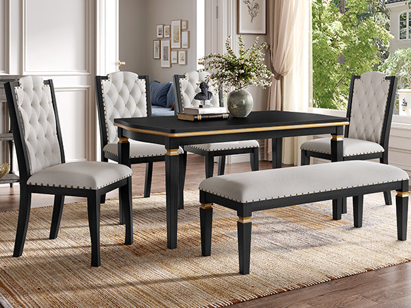 6-Piece Kitchen Dining Table Set, 60" Rectangular Table and 4 High-Back Tufted Chairs & 1 Bench for Dining Room and Kitchen (Black) (OLD SKU: N752S000080)