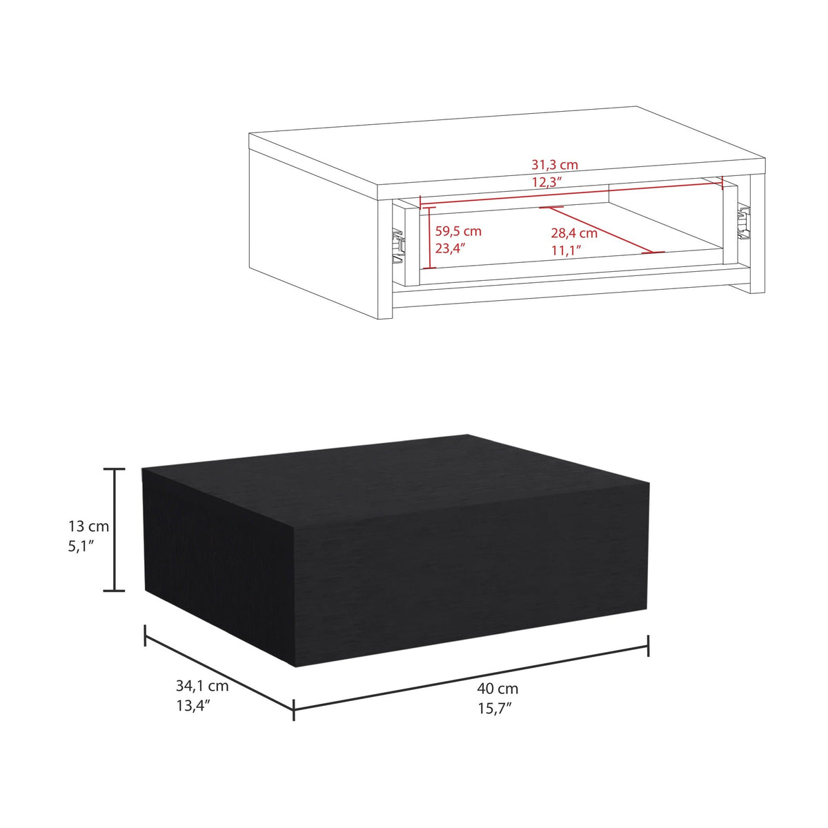 Milano Floating Nightstand , End Table, Side Table Wall-Mounted with Drawer -Black -Bedroom