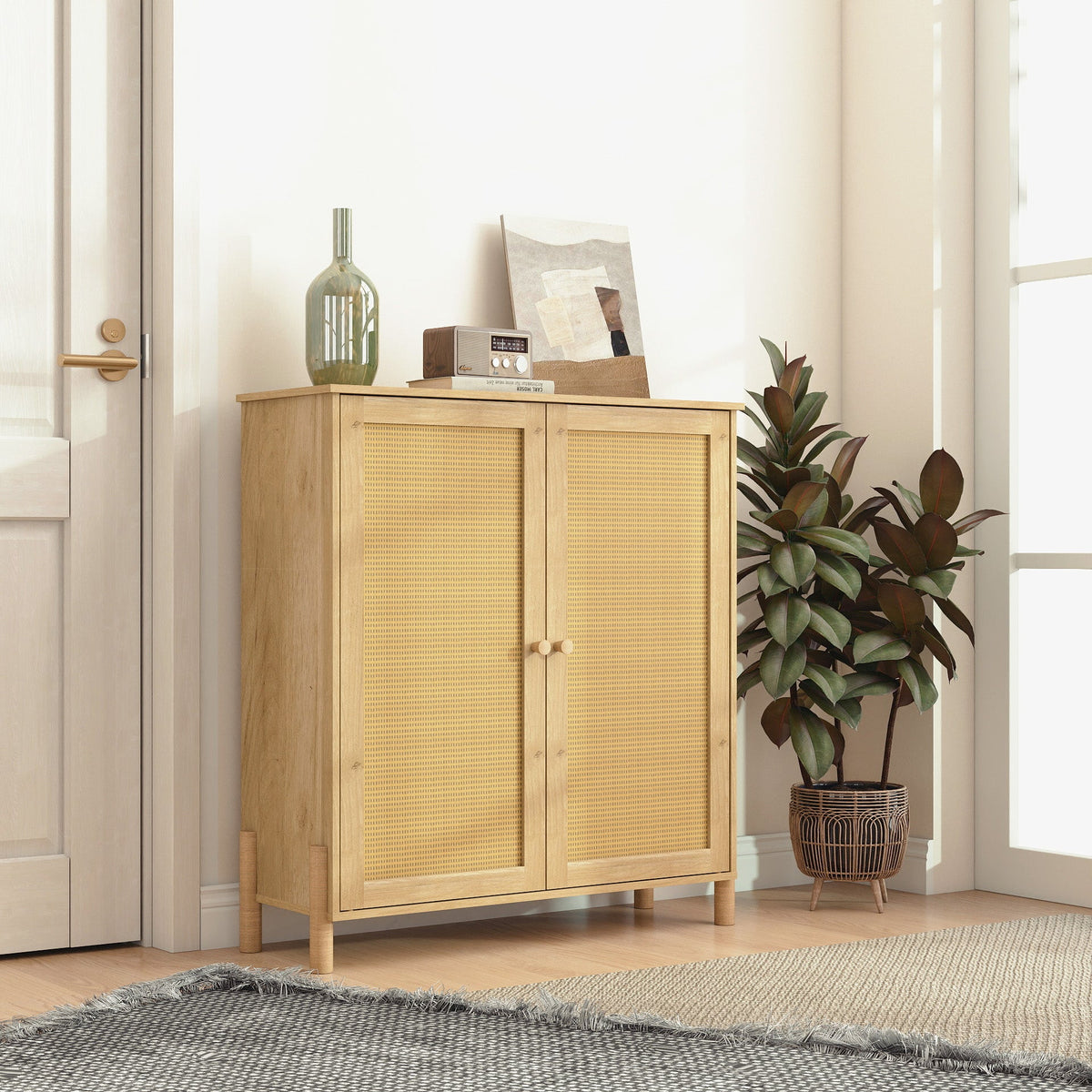 Mid-Century Modern Storage Cabinet with Woven Rattan Doors & Adjustable Shelves - Perfect for Living Room & Dining Room