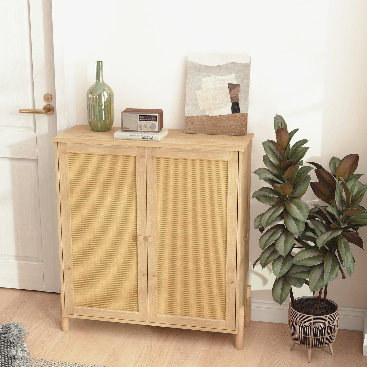 Mid-Century Modern Storage Cabinet with Woven Rattan Doors & Adjustable Shelves - Perfect for Living Room & Dining Room