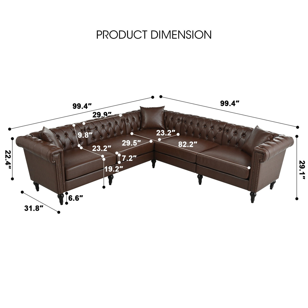 Sectional Sofa Couch for Living Room, L Shaped Reversible Modern Chesterfield Sofa with Rolled Arms and Nailhead, 5 Seat Tufted Couch for Small or Large Space(Dark Brown) PU Leather