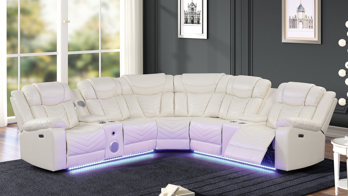 Challenger Modern Style Recliner Sectional Sofa, Built in USB-C Ports & Bluetooth, made with Wood & Faux Leather in Ice ( NJ INVENTORY)
