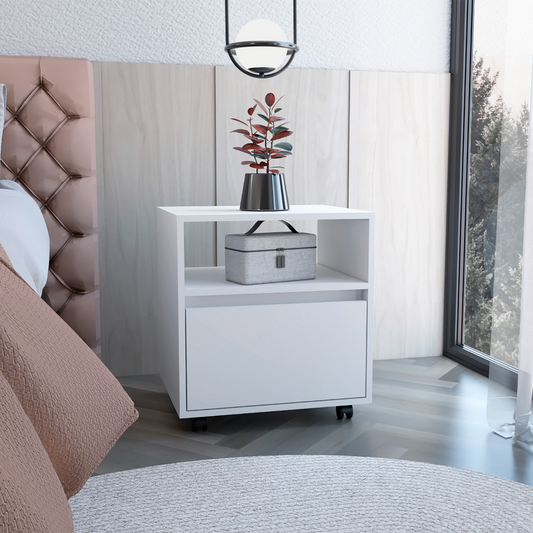 Austin Nightstand , End Table, Side Table Casters, Single Drawer-White