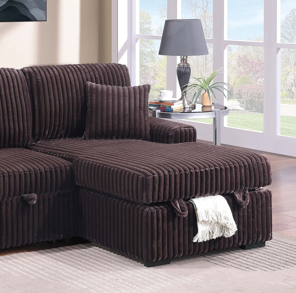 Modern Style 2pc Convertible Sectional Pull Out Sofa Fold Down Table Cup Holder USB Port Storage Chaise Matching Pillow Coffee Finish Primary Living Room