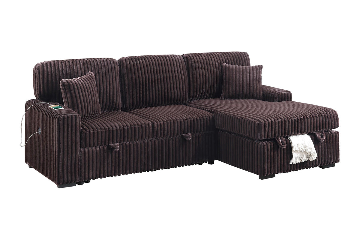 Modern Style 2pc Convertible Sectional Pull Out Sofa Fold Down Table Cup Holder USB Port Storage Chaise Matching Pillow Coffee Finish Primary Living Room