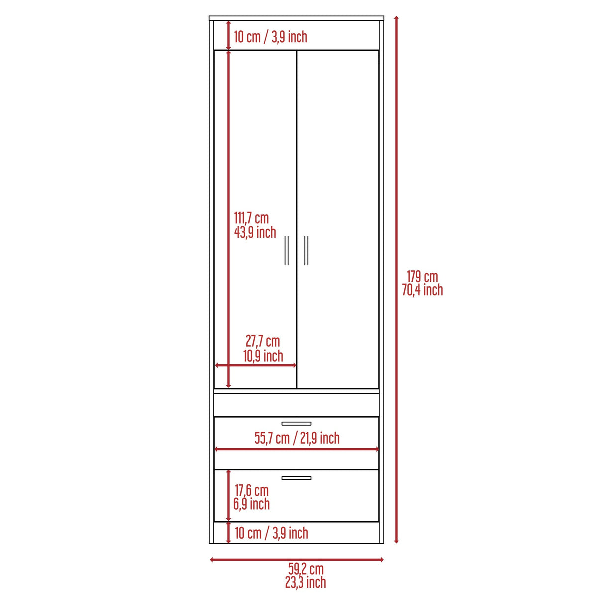 Lisboa Armoire, Rod, Double Door, Two Drawers, Metal Handles