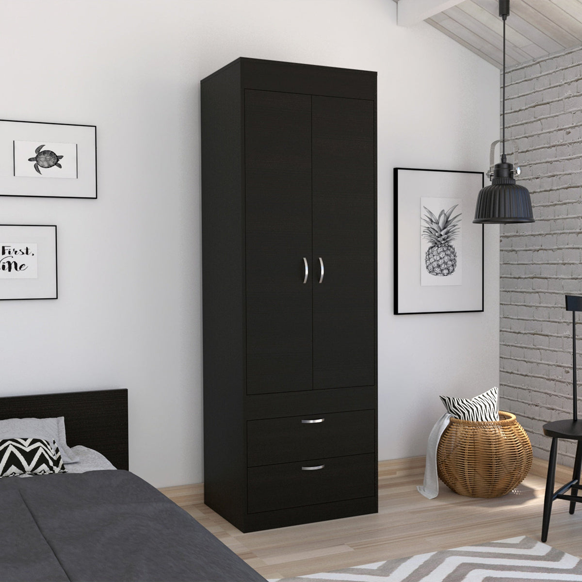 Lisboa Armoire, Rod, Double Door, Two Drawers, Metal Handles