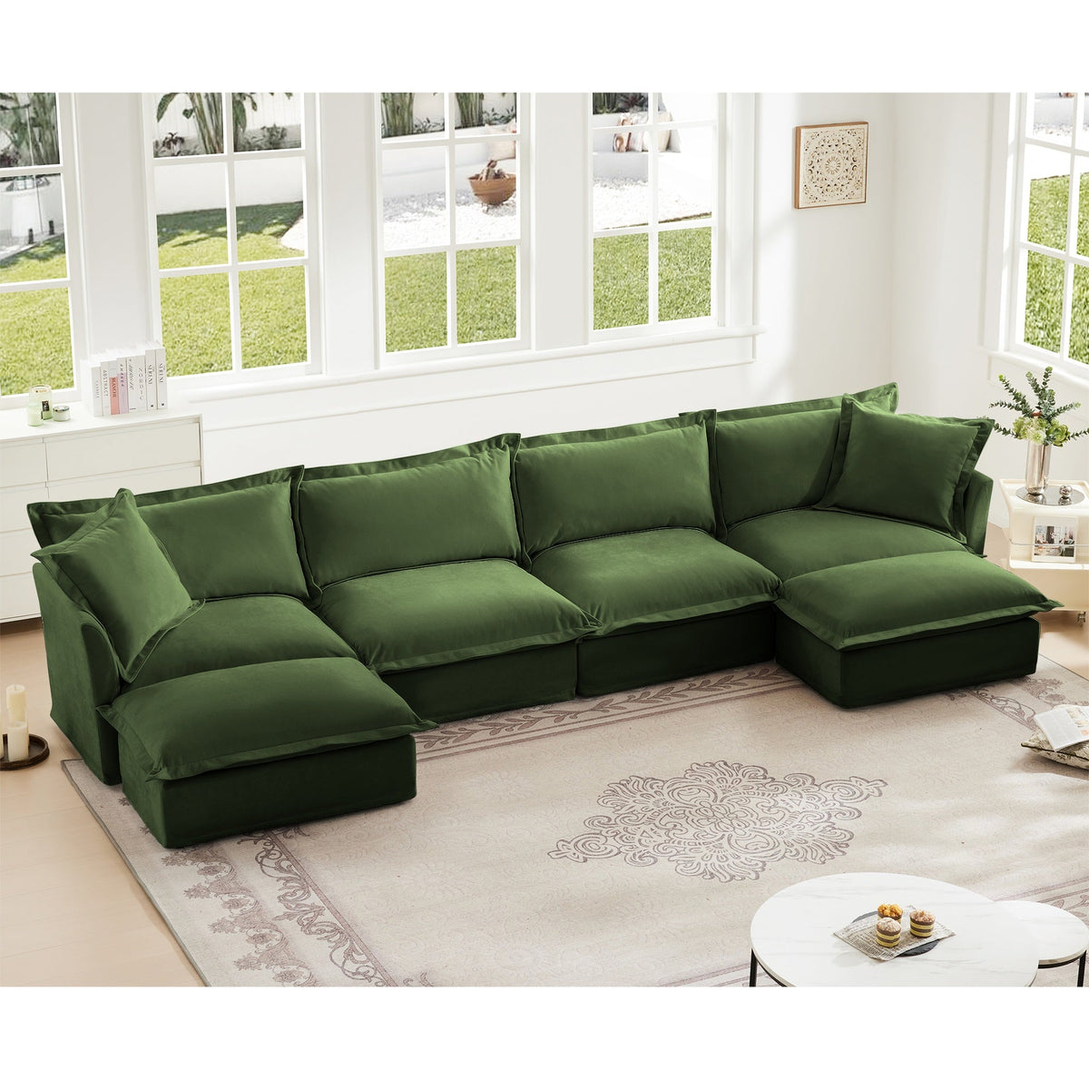 Slipcovered U Shape Sectional Wide and Deep Seat Sofa Couch, 4 Seater Sofa with French Edges Design Multiple Big Pillows, Soft Deep Seat Comfy Cloud Couch for Living Room, Apartment, Chenille Fabric