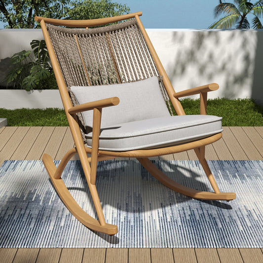Outdoor Rocking Chair – Sturdy Iron Frame in Maple Finish, Gray PE Rattan Backrest & Light Gray Cushion