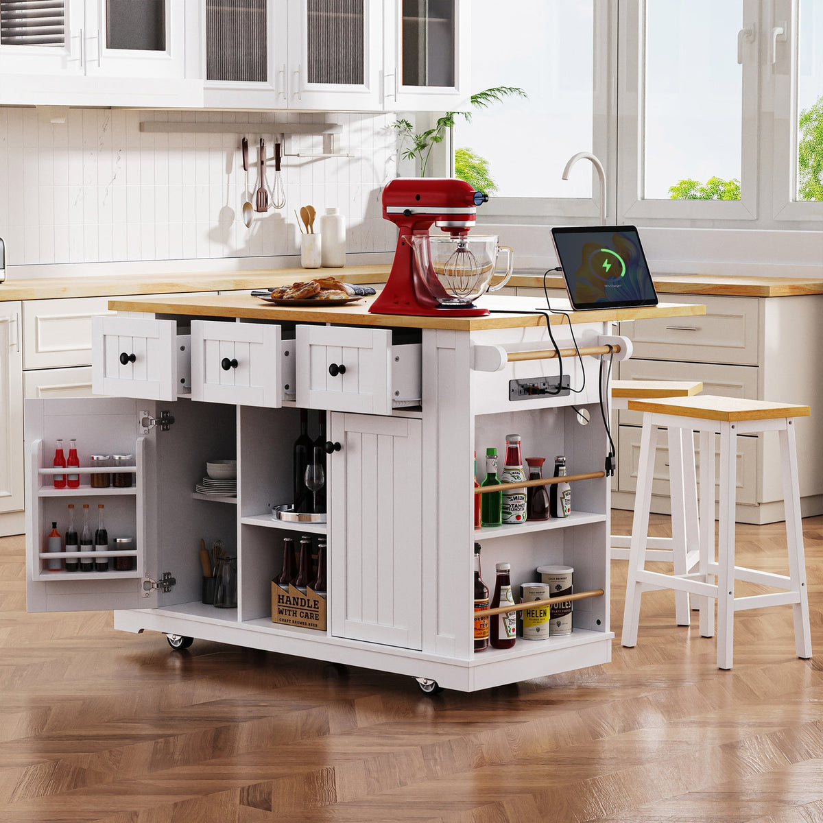 K&K 53inch Large Kitchen Island with Drop Leaf,Power Outlet,Door Internal Storage Rack,Rolling Kitchen Cart on 5 Wheels with 5 Open Side Racks for Kitchen,White (Two Packages)(Stools not included)