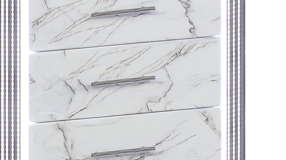 Desire Chest – Marble-Patterned Drawers with LED Side Panels and Metallic Trim for Spacious, Stylish Bedroom Organization  Same as B009P309339 (CA inventory)