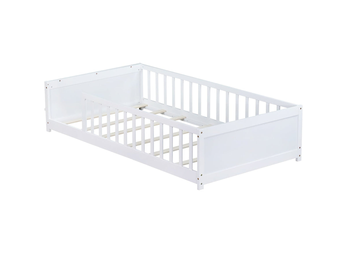 Twin size Floor Platform Bed with Built-in Book Rack,White(Old Sku:W504P143307)