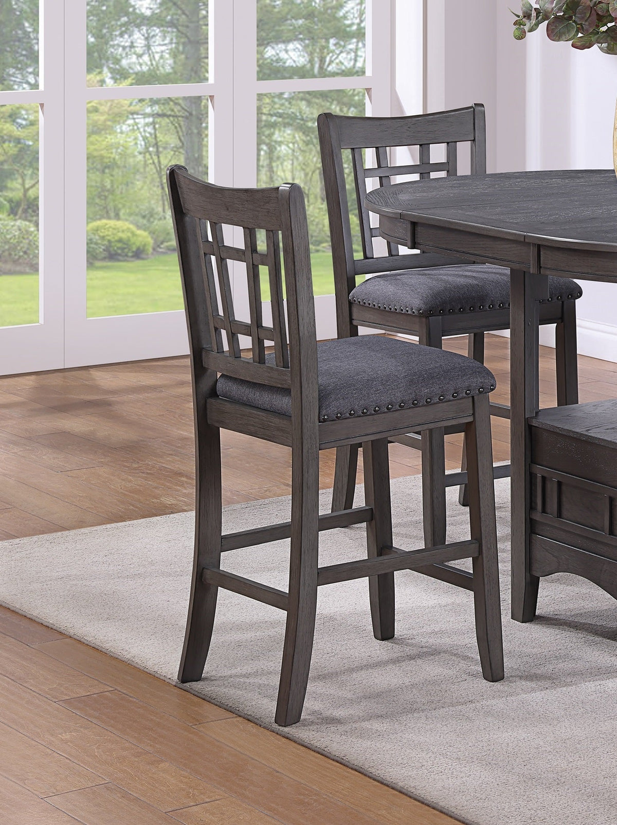 Contemporary Dining Room Counter Height 5pc Dining Set Round Table w Leaf And 4x Side Chairs Gray Finish Solid wood