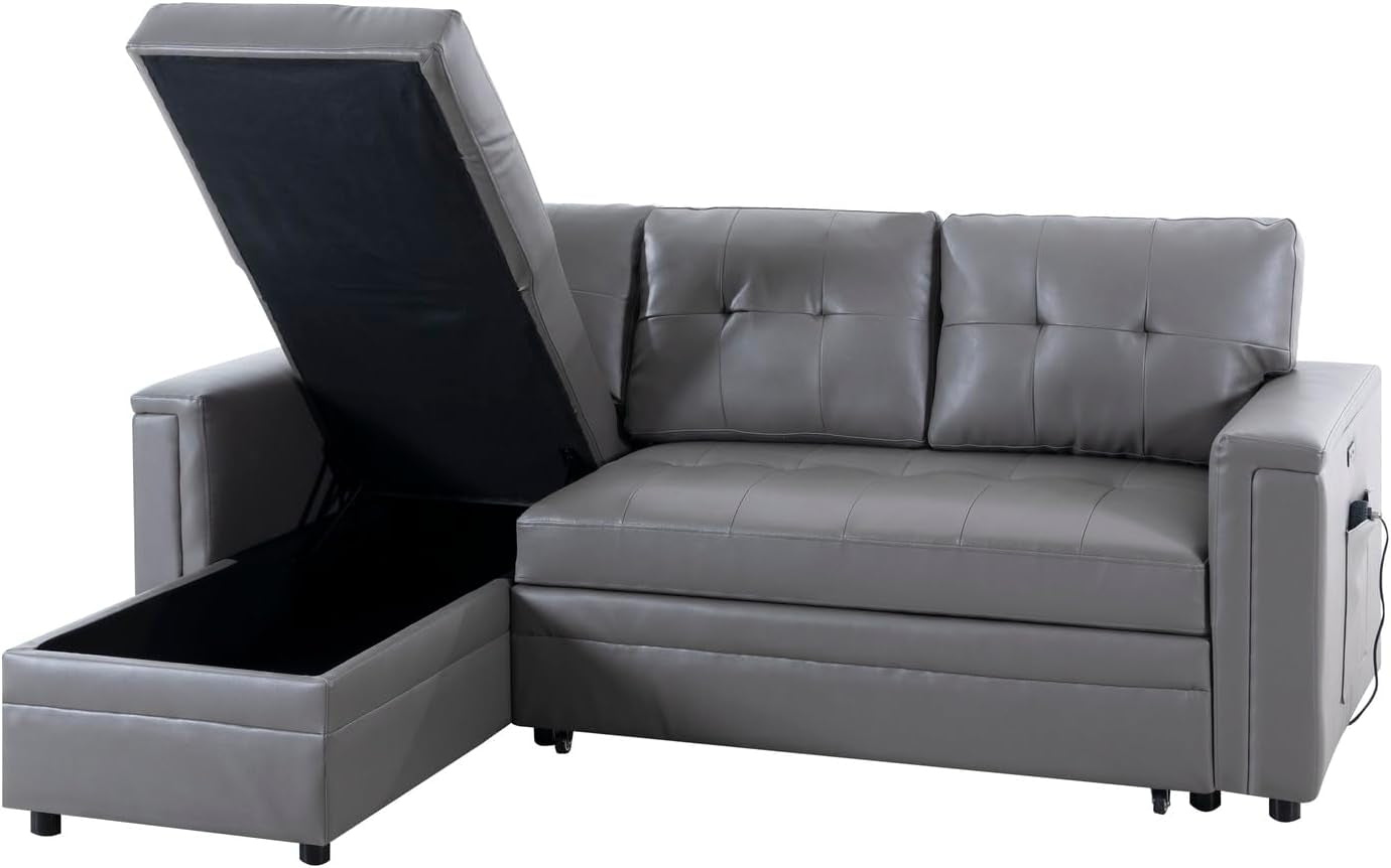 L Shaped Sectional Sleeper Sofa With USB Ports Gray Leather