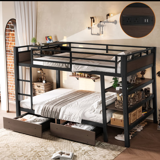 Full  Size Metal Bunk Bed with Storage Shelves , LED light strip, and USB power strip, black
