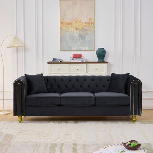 86" Modern Loveseat Sofa,3 Seater Couch Comfy Velvet Sofa Button Tufted Rolled Arms and Gold Legs,Chesterfield for Primary Living Space,Black
