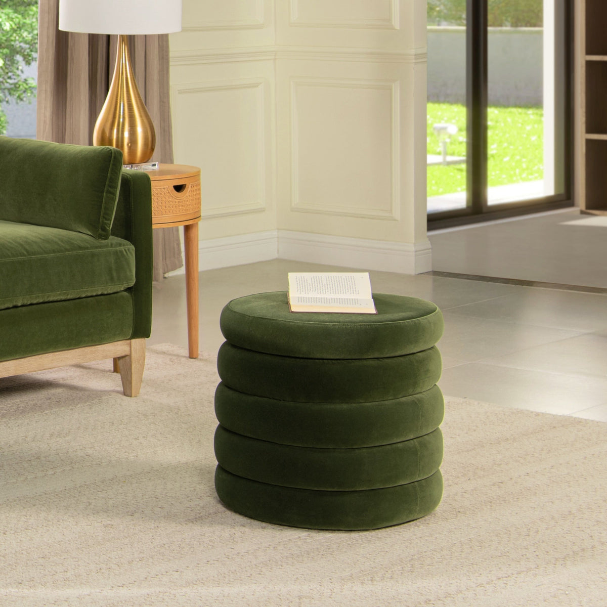 Fuji 19" Oversized Round Storage Ottoman, Olive Green Performance Velvet