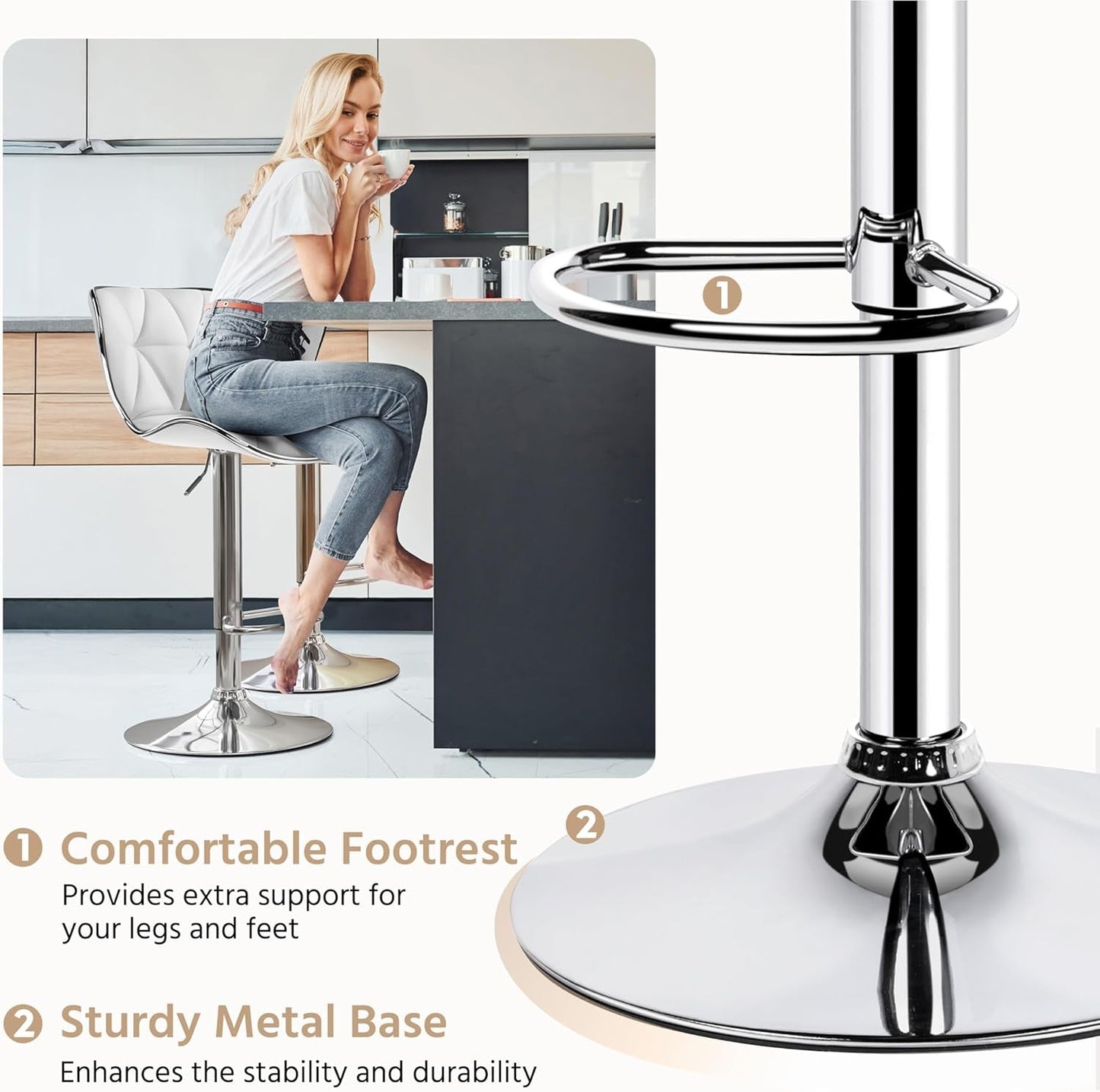 Bar Stools Set Of 2 White PU Leather Adjustable Swivel