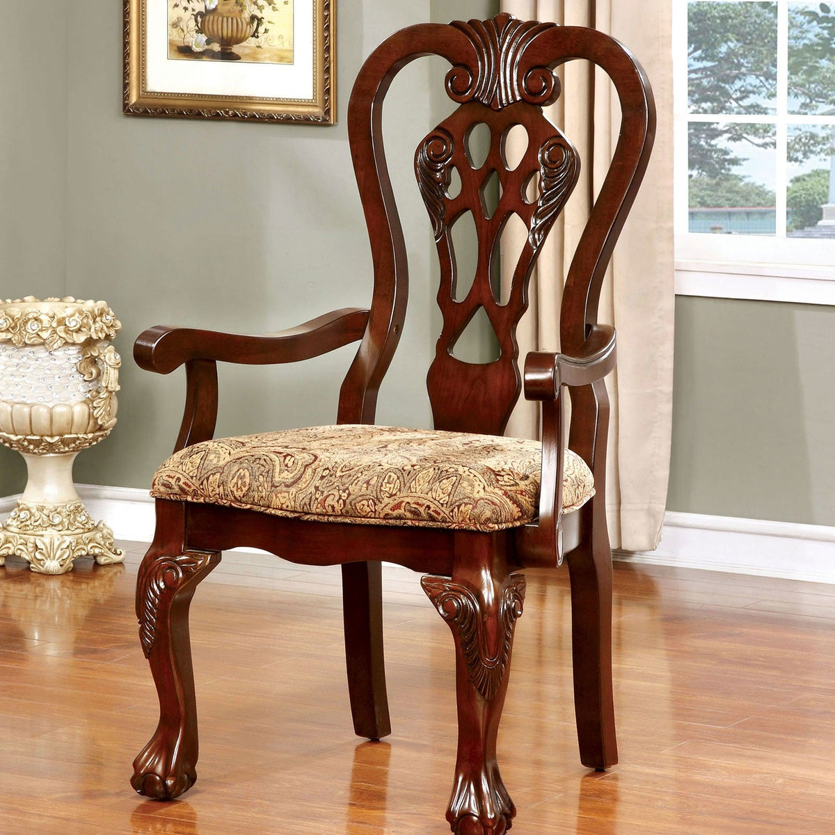 Formal Classic Set of 2pc Arm Chairs Dining Room Cherry Solid wood Damask Print Fabric Seat Intricate Back Ball & Claw Feet