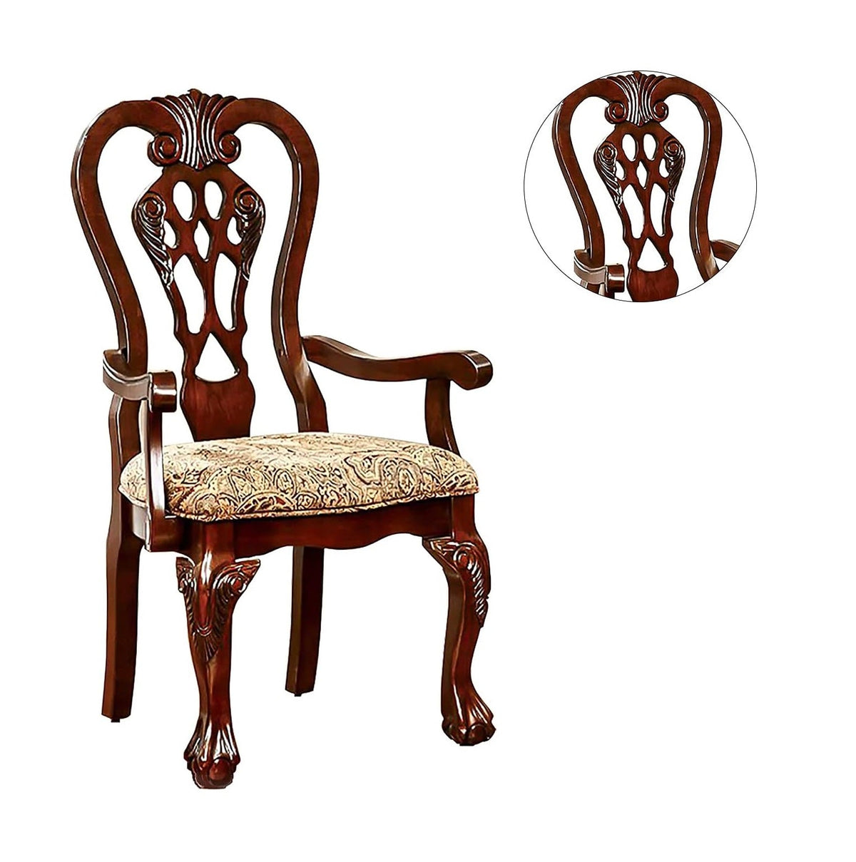 Formal Classic Set of 2pc Arm Chairs Dining Room Cherry Solid wood Damask Print Fabric Seat Intricate Back Ball & Claw Feet