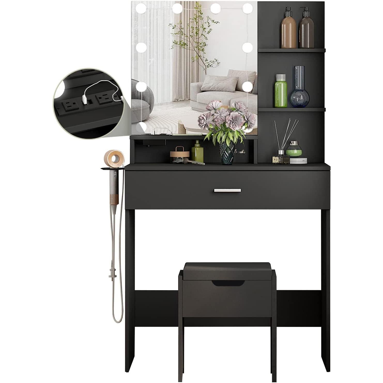 Black Makeup Vanity Table With Lighted Mirror And USB Ports featuring integrated LED lighting and charging ports.