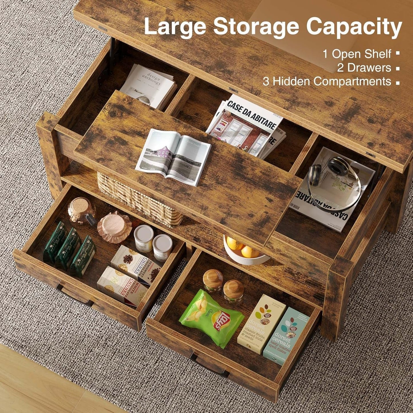 Rustic Brown Lift Top Coffee Table With Hidden Storage