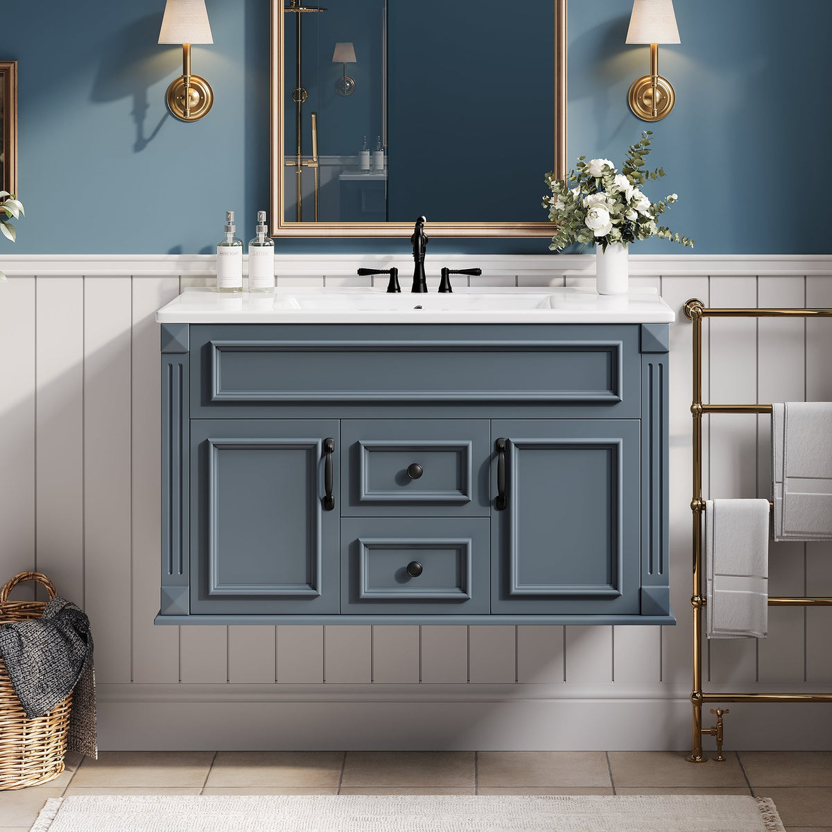 36 Inch Wall Mounted Bathroom Cabinet with Ceramic Sink