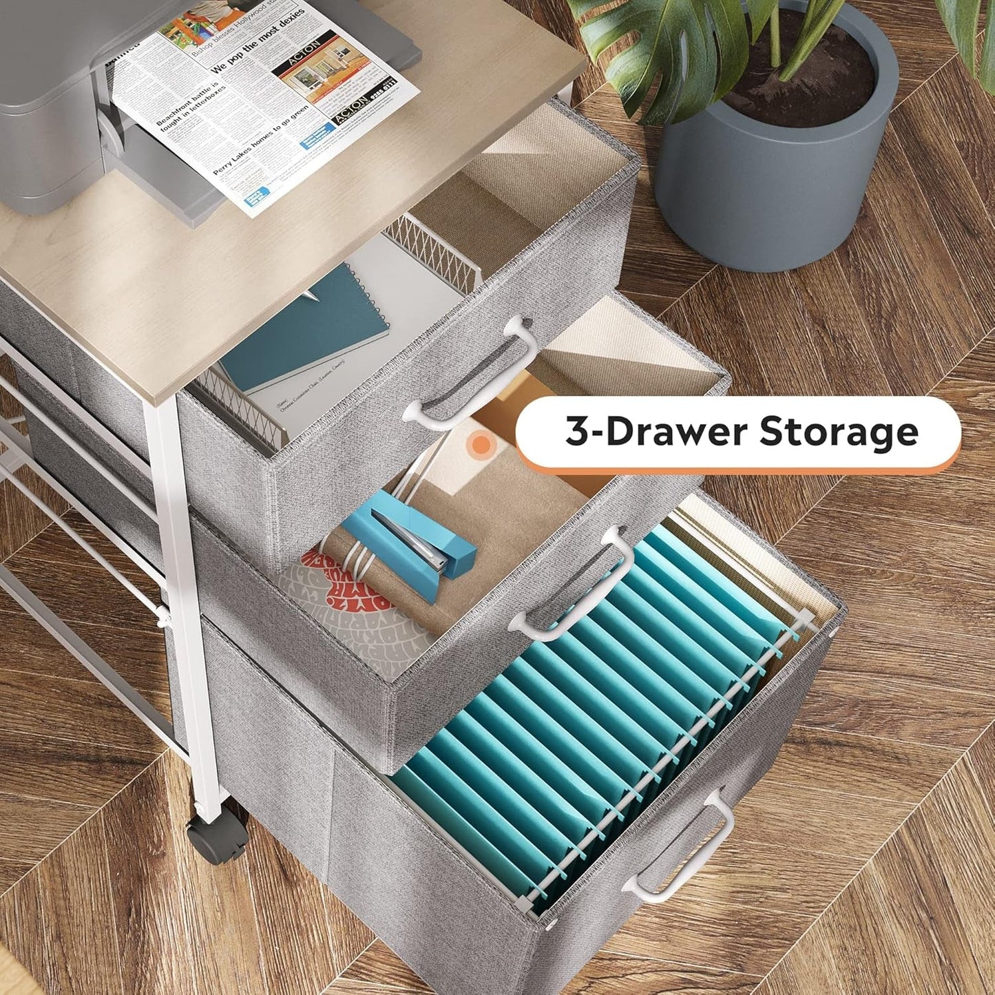 Mobile File Cabinet With 3 Drawers Rolling Printer Stand Light Grey