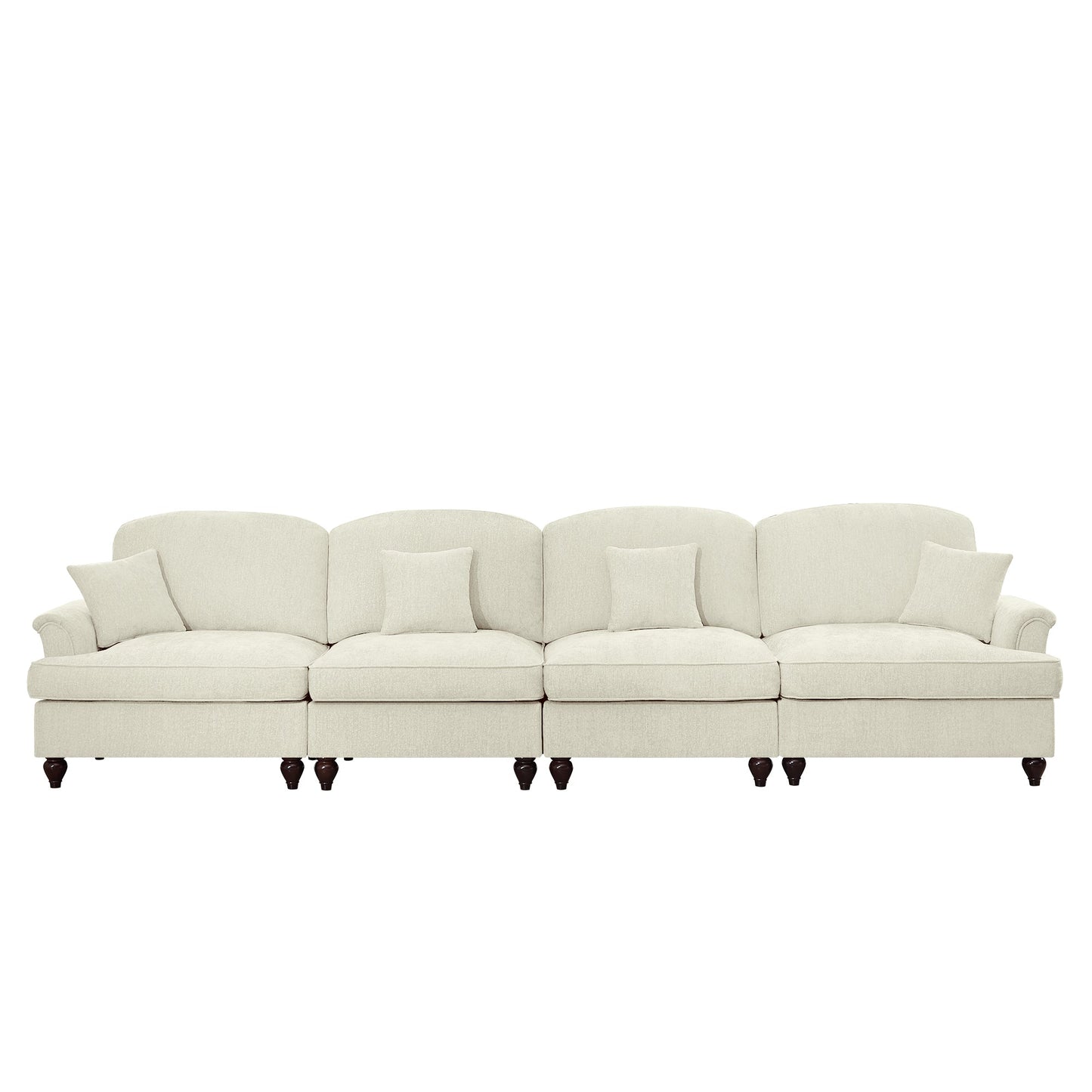Elegant Mid Century Large 4 Seater Sofa Couch with Flared Arms and Removable Ruffles Pleats Skirts and Spindle Legs, Comfy Chenille Four-Seat Sofa for Living Room, Beige White