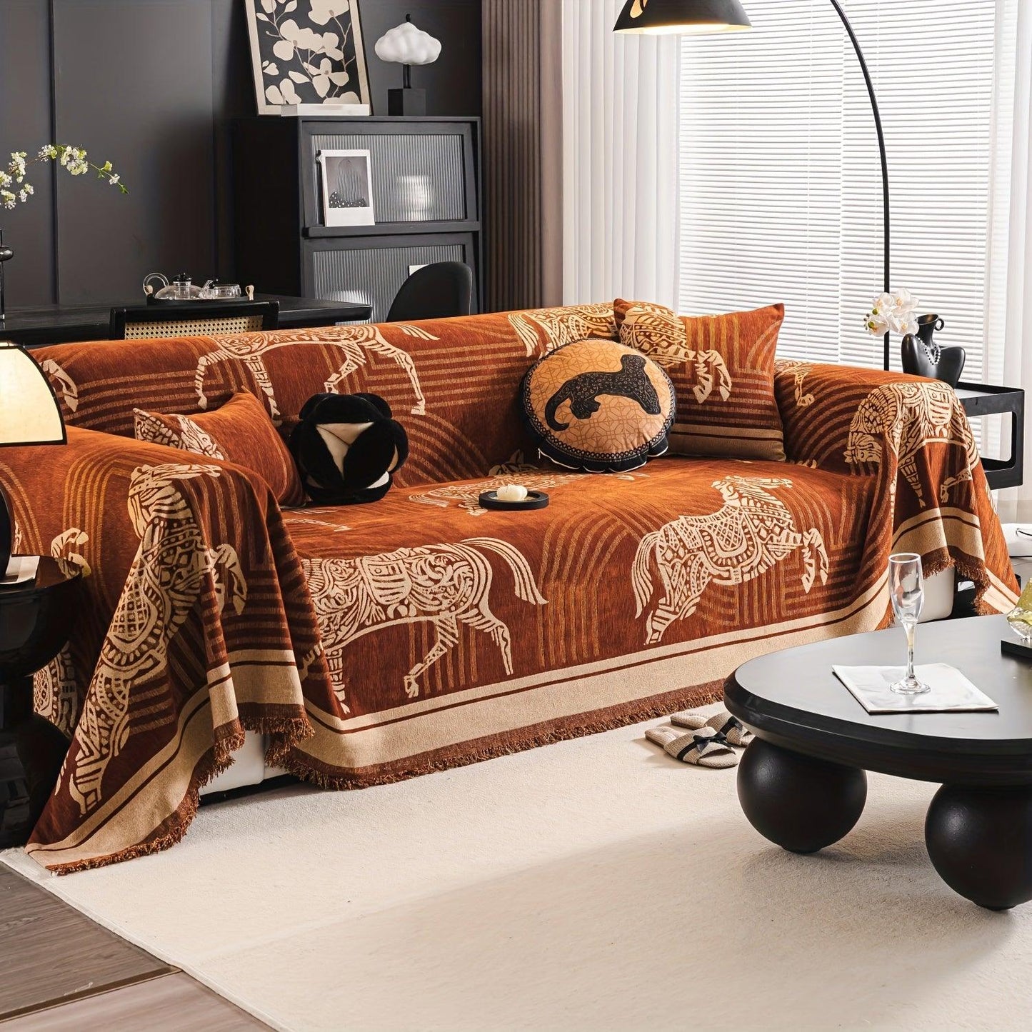 Luxurious Chenille Horse Design Sofa Cover Decor in Orange & Green