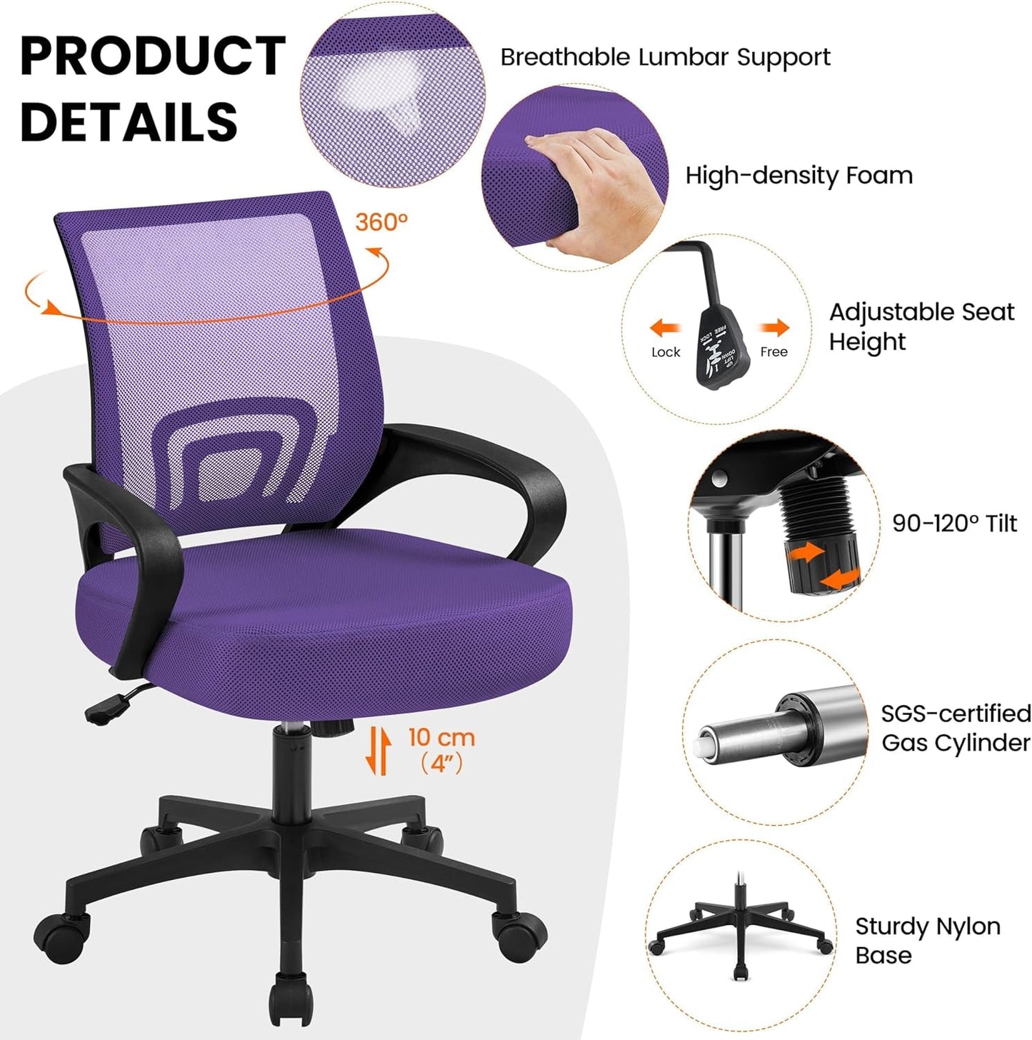 Ergonomic Purple Mesh Office Chair With Lumbar Support