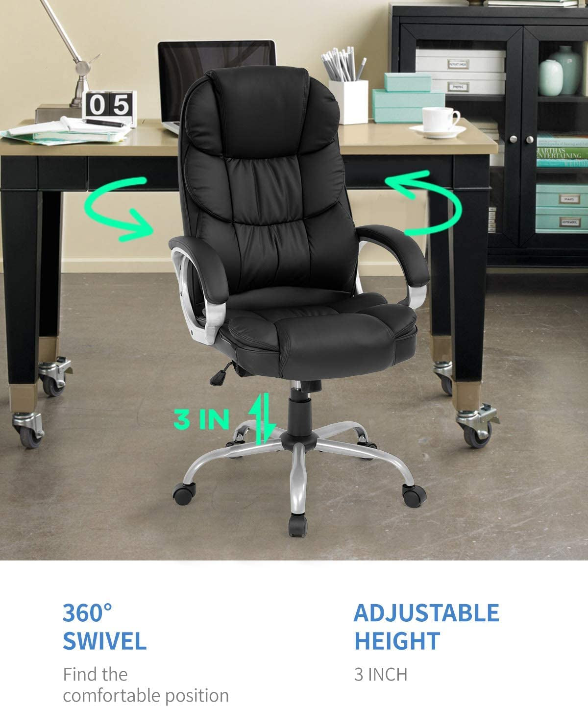 High Back Ergonomic Office Chair PU Leather Black Lumbar