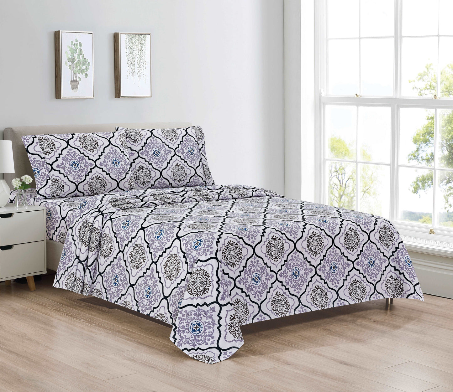 Bibb Home Egyptian Luxury 1800 Microfiber Count Printed 4 Piece Sheet Set.