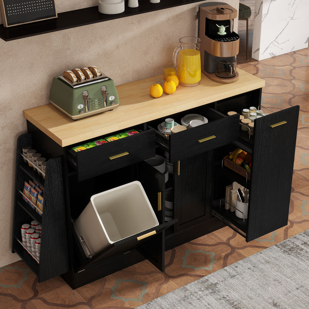TREXM Multi-Functional Storage Sideboard, Trash Can Storage, Black