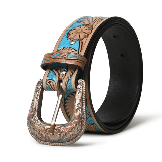 Western Cowboy Leather Belt - Blue & Brown