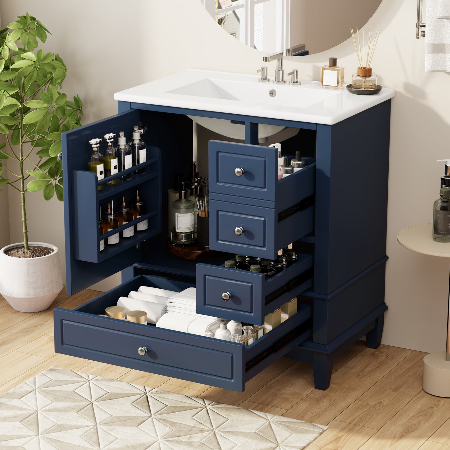 30" Bathroom Vanity with Sink, One Door with Shelf and Three Drawers