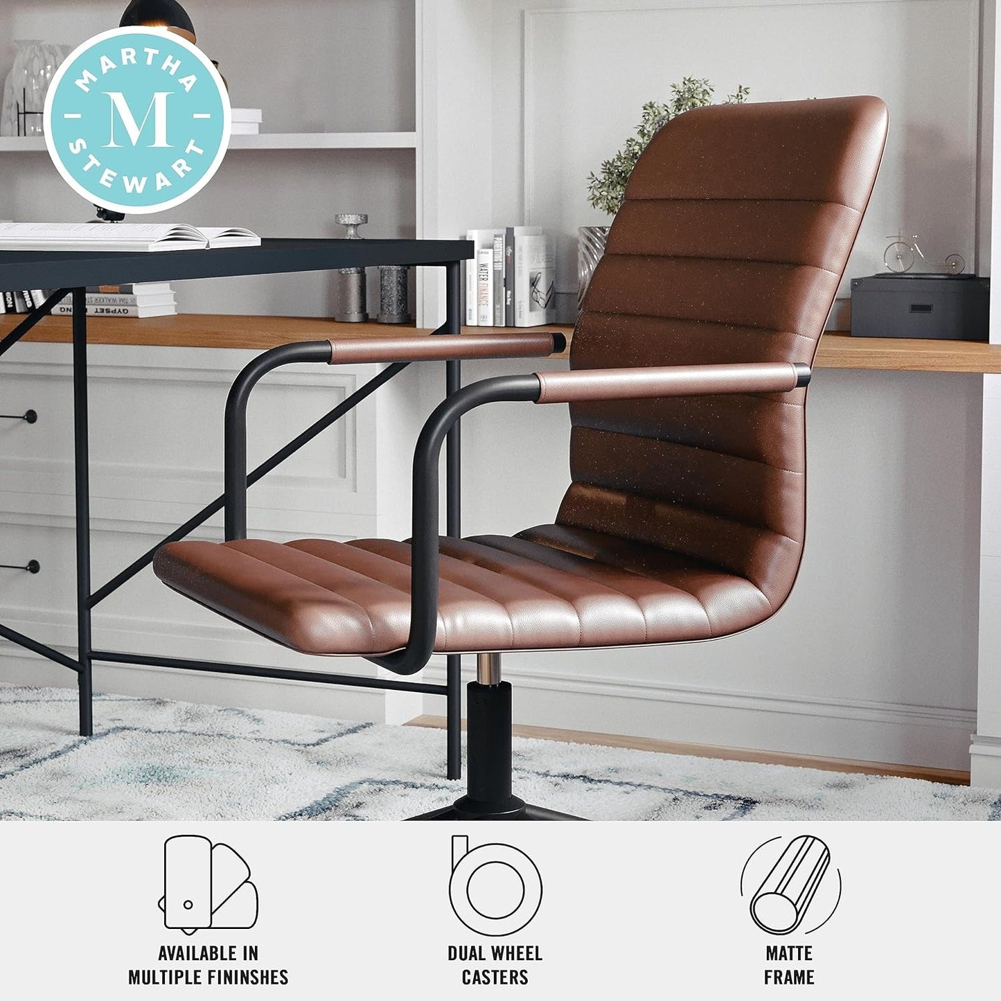 Saddle Brown Faux Leather Swivel Task Chair With Armrests
